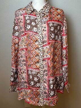 NWOT J. McLaughlin Darcey Silk Blend Blouse XL Boho Patchwork Earthy Retro
